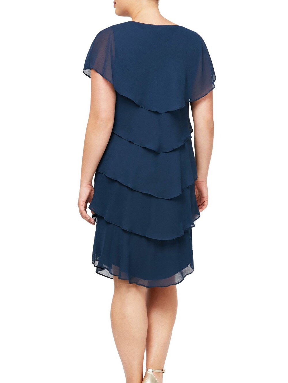 SLNY Navy Blue Tiered Capelet Rhinestone Detail Flowy Ruffle Dress Size 14W - Picture 2 of 13